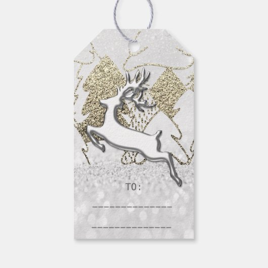 Vakantie Zilver Sneeuw Grijs Kerstmis Rendier 3D Cadeaulabel (Achterkant)