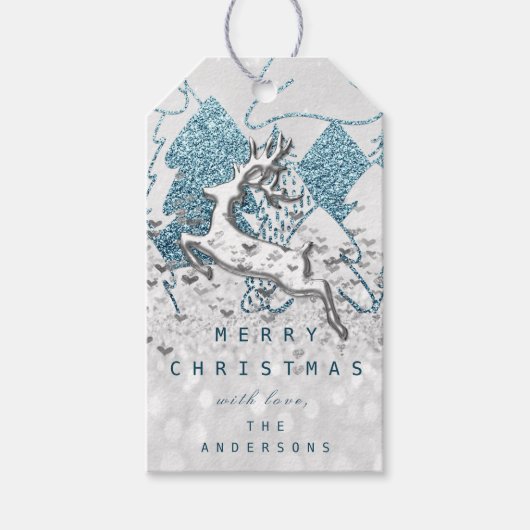 Vakantie Zilveren Vonk Harten Kerstmis Rendier 3D Cadeaulabel (Voorkant)