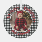 Vakantie Zwart & Wit Geplaatst Eerste Kerst Custom Glas Ornament (Voorkant)
