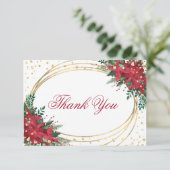 Vakantiebruiloft met feestdag - Red Gold Poinsetti Bedankkaart (Staand voorkant)