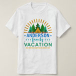 Vakantiecampagnetriem voor familie | Aangepaste na T-shirt<br><div class="desc">Dit unieke T-shirt met vakantie van het gezin met originele illustraties is ideaal voor je jaarlijkse zomervakantie. In de tekst staat: "[Jouw naam] Family Vacation" met ruimte onderaan voor uw kampeerplaats of een familieslogan. Het heeft een zonnestraalmotief in het sinaasappel boven een scène met dennenbomen, een tent en vier stokfiguren...</div>
