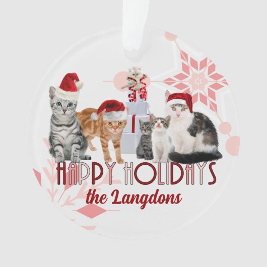 Vakantiecatten Aangepast rood en Roze Snowflake Ornament (voorkant)