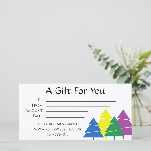 Vakantiecertificaat voor multicolische dennenbomen bedankkaart (Staand voorkant)