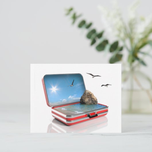 Vakantieconcept voor de zomervakantie. Reiskoffer  Briefkaart (Staand voorkant)