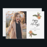 Vakantiedag met foto-holiday-kaart feestdagenkaart<br><div class="desc">Een roestvrijetijdskaart met waterverf illustratie van de winterkreet met oranje,  pijnboomtak en mistletoe. Achtergrond is wit.</div>