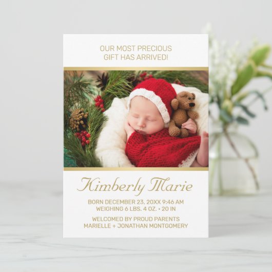Vakantiedagen Baby Birth Elegant Gold Script met f Aankondiging (Staand voorkant)