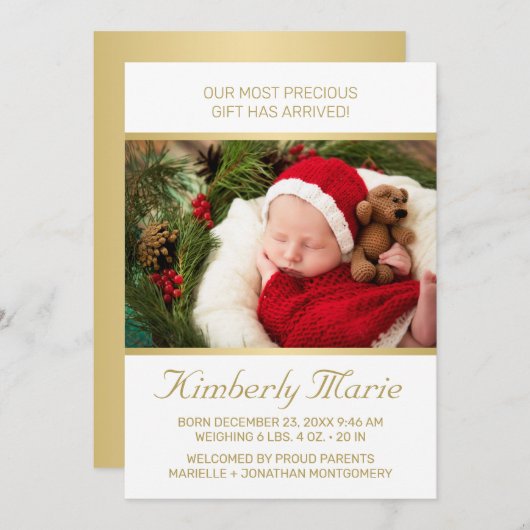 Vakantiedagen Baby Birth Elegant Gold Script met f Aankondiging (Voorkant / Achterkant)