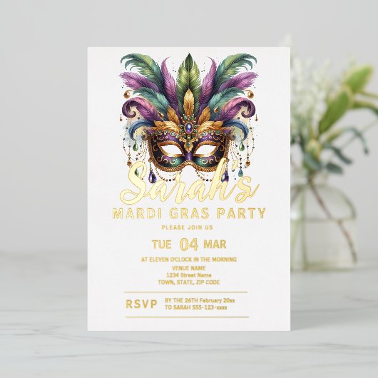 Vakantiefeest Mardi Gras Folie Uitnodiging (Staand Voorkant)