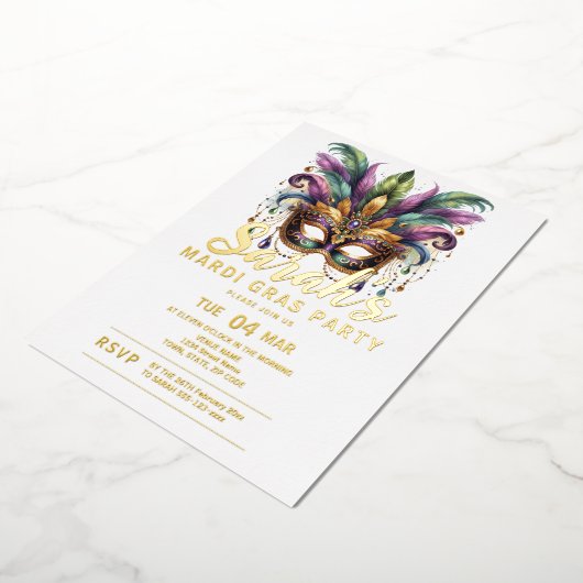 Vakantiefeest Mardi Gras Folie Uitnodiging (Gedraaid)