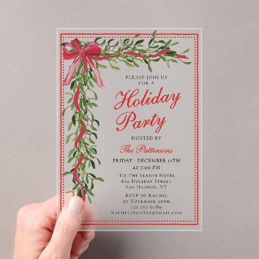 Vakantiefeest Mistletoe Bow Modern Kerstfeest Acryl Uitnodigingen (Insitu (Draagbaar))