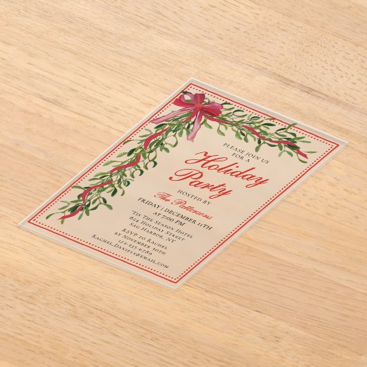 Vakantiefeest Mistletoe Bow Modern Kerstfeest Acryl Uitnodigingen (Laagn)