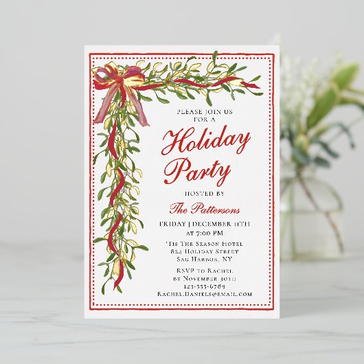 Vakantiefeest Mistletoe Bow Modern Kerstfeest Folie Uitnodiging (Staand Voorkant)