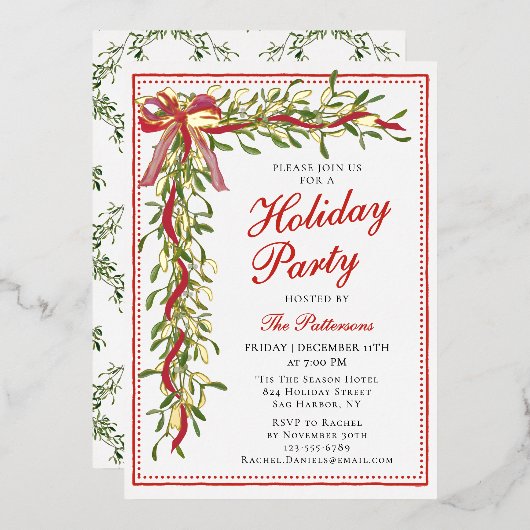 Vakantiefeest Mistletoe Bow Modern Kerstfeest Folie Uitnodiging (Voorkant / Achterkant)