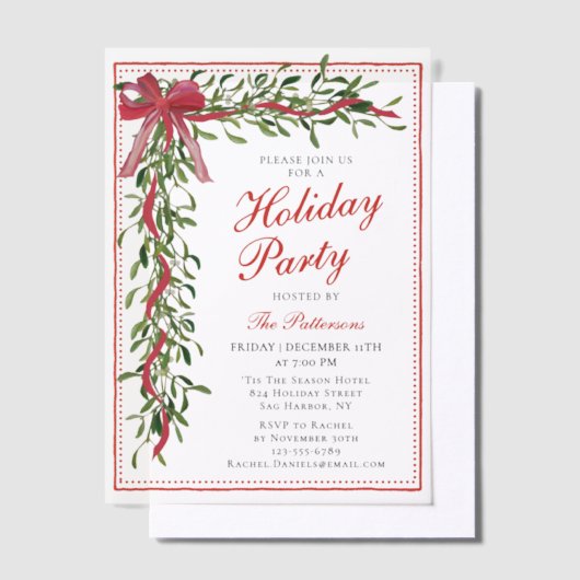 Vakantiefeest Mistletoe Bow Modern Kerstfeest Vellum Uitnodigingen (Offset)
