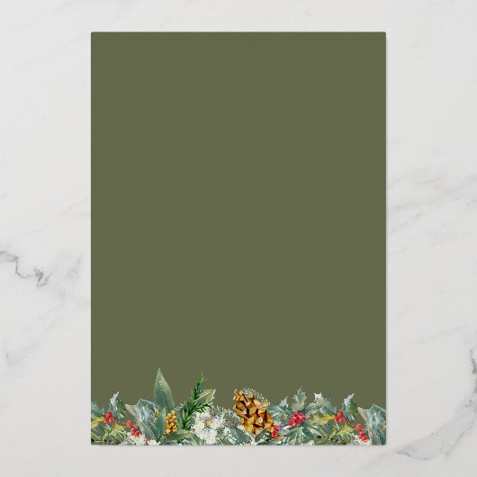 Vakantiefeestje Holly en Pine Cone Bouquet Gold Folie Uitnodiging (Achterkant)