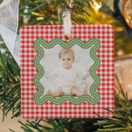 Vakantiefoto Golvende Groene Rand Gingham Kerstmis Keramisch Ornament
