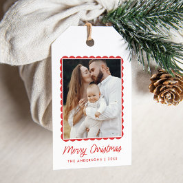 Vakantiefoto van het moderne rode geschulpte Lijst Cadeaulabel