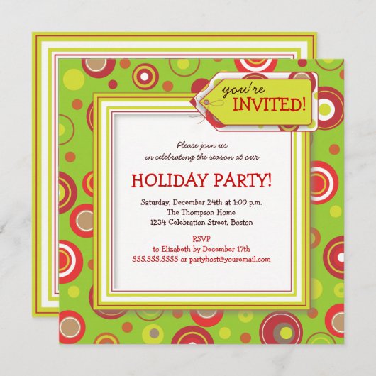 Vakantiegeld Retro Red en Green Polka Dot Party Kaart (Voorkant / Achterkant)
