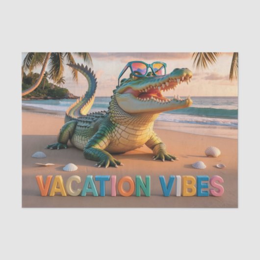 "Vakantiegeloof" Koele Krokodil op Strand Tissuepapier (Voorkant)