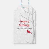 Vakantiegenzegengeveegenboom met rode kardinaal cadeaulabel (Voorkant)