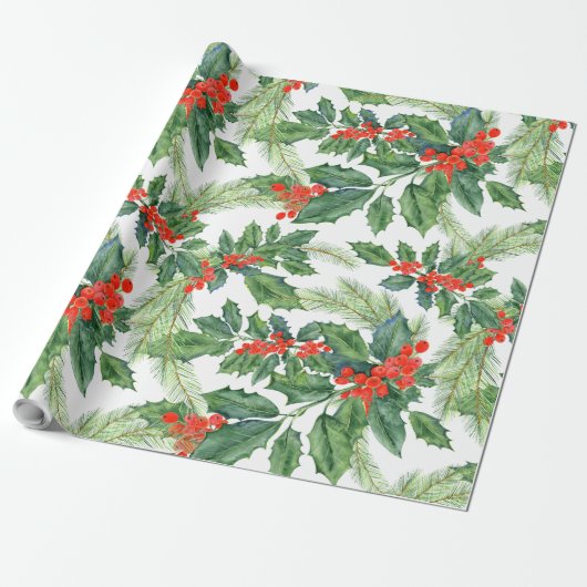 Vakantiegeschenkverpakking Holly Berries Cadeaupapier (Uitgerold)