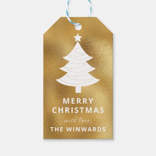 Vakantiegoud en witte kerstboom cadeaulabel (Voorkant)