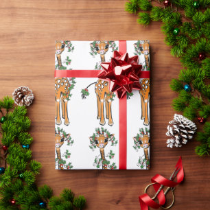 Vakantiegrande Giraffe — feestdag holly garland Cadeaupapier