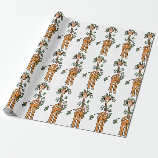 Vakantiegrande Giraffe — feestdag holly garland Cadeaupapier (Uitgerold)