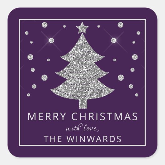 Vakantiegras Paars en zilver kerstboom Vierkante Sticker (Voorkant)