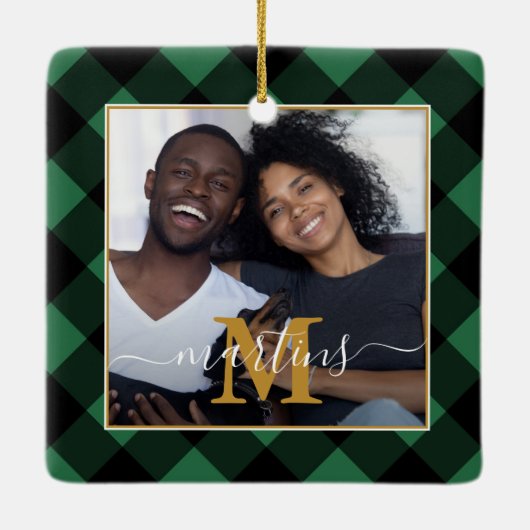 Vakantiegroonmonogram met naam Foto Keramisch Ornament (Achterkant)