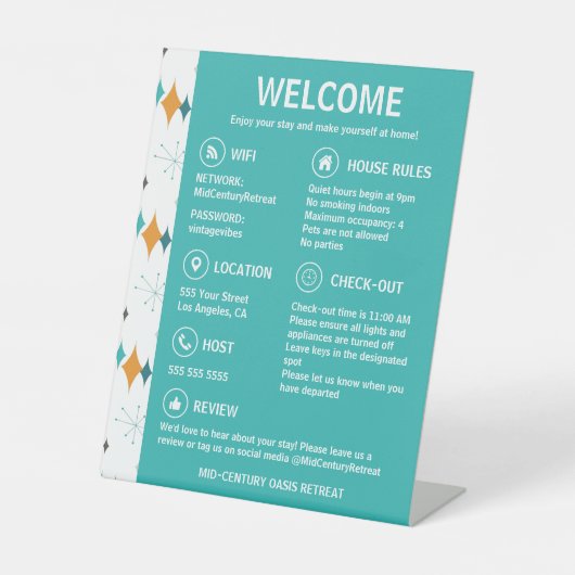 Vakantiehuis Gasteninformatie Retro Starburst Reclamebord Met Voetstuk (Voorkant)