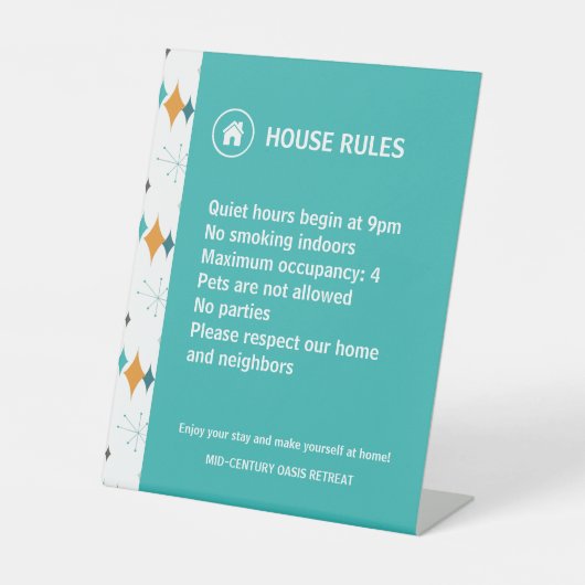 Vakantiehuis regels Retro Starburst Reclamebord Met Voetstuk (Voorkant)