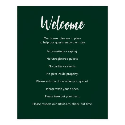 Vakantiehuisregels Donkergroen en wit Perfect Poster (Voorkant)