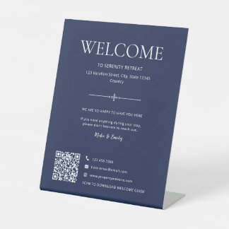 Vakantiehuur Welkom QR-code Navyblauw Reclamebord Met Voetstuk