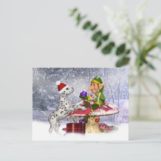 Vakantiekaart met Dalmatische puppy en elf Feestdagenkaart (Staand voorkant)