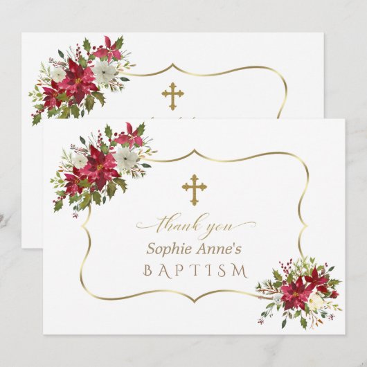 Vakantiemannen Kerstmis Rood Wit Poinsettia Baptis Bedankkaart (Voorkant / Achterkant)