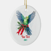 Vakantieparkiet en rood kerstlint keramisch ornament (Rechts)