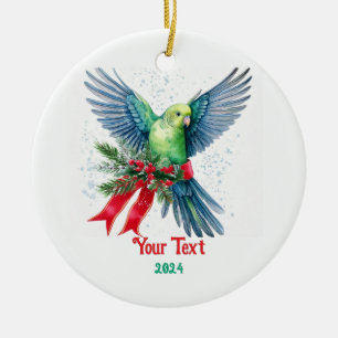 Vakantieparkiet en rood kerstlint keramisch ornament