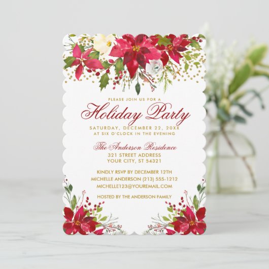 Vakantiepartij Red Floral Poinsettia Gold Glitter Kaart (Staand voorkant)