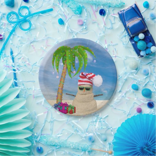 Vakantierstrand Zandzand Man met palmboom Papieren Bordje (Feest)