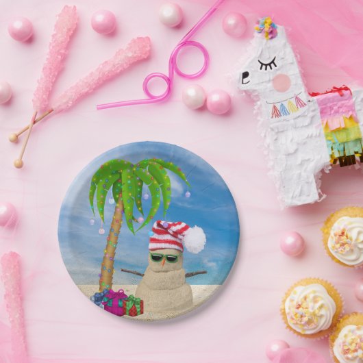 Vakantierstrand Zandzand Man met palmboom Papieren Bordje (Feest)