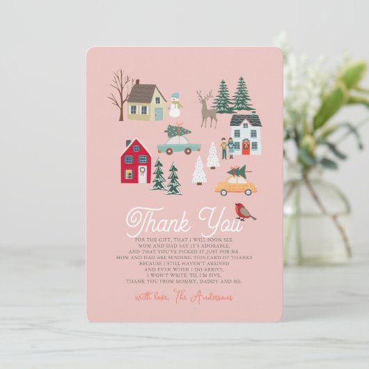 Vakantiestad/Dorp Roze Baby shower Bedankkaart (Staand voorkant)