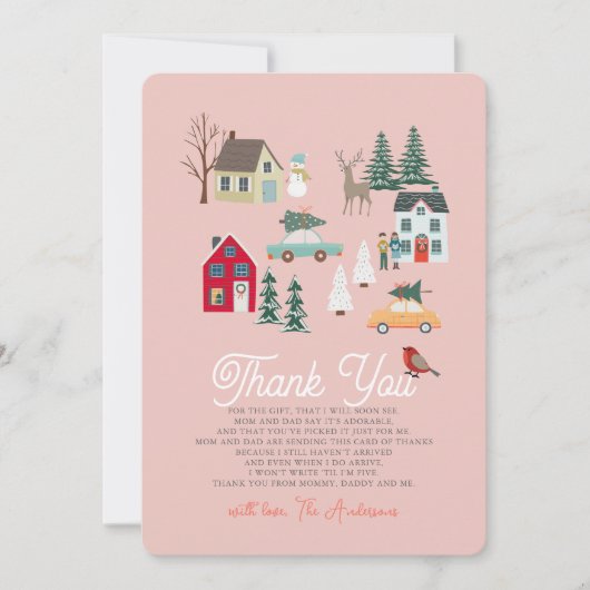 Vakantiestad/Dorp Roze Baby shower Bedankkaart (Voorkant)