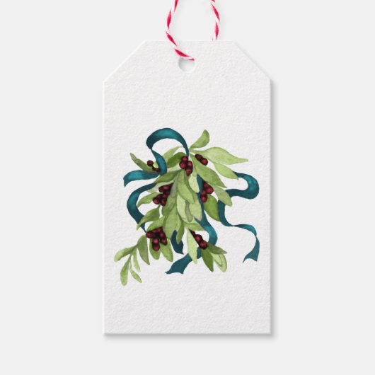 Vakantievakdag Waterverf Mistletoe Red Berries Bla Cadeaulabel (Voorkant)