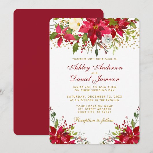 Vakantievakdennendes Floral Red Gold Glitter Kaart (Voorkant / Achterkant)