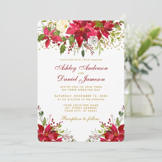 Vakantievakdennendes Floral Red Gold Glitter Kaart (Staand voorkant)