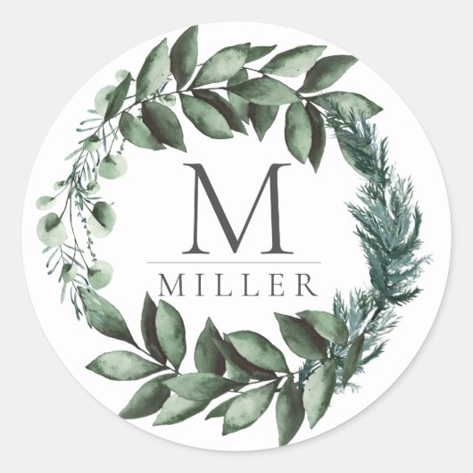 Vakantige Eucalyptus Initiaal Monogram Ronde Sticker (Voorkant)