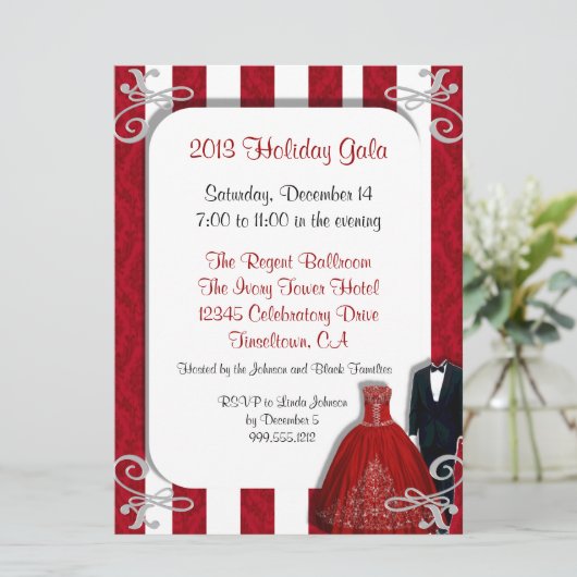 Vakantige gala-uitnodigingen in rood en zilver kaart (Staand voorkant)