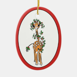 Vakantige Giraffe — Groen en rode Holly-garland Keramisch Ornament