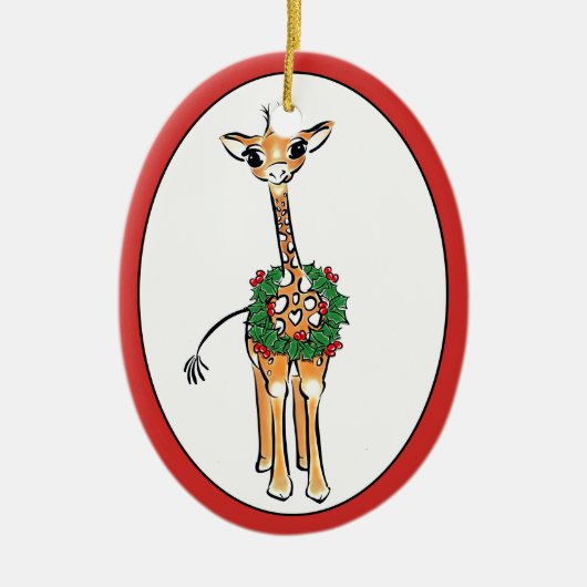 Vakantige Giraffe - groen en rood Holly Keramisch Ornament (Voorkant)